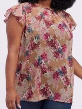 Torrid Semi Sheer Mock Crinkle Neck Floral Ruffle Sleeve Pullover Top, 3X